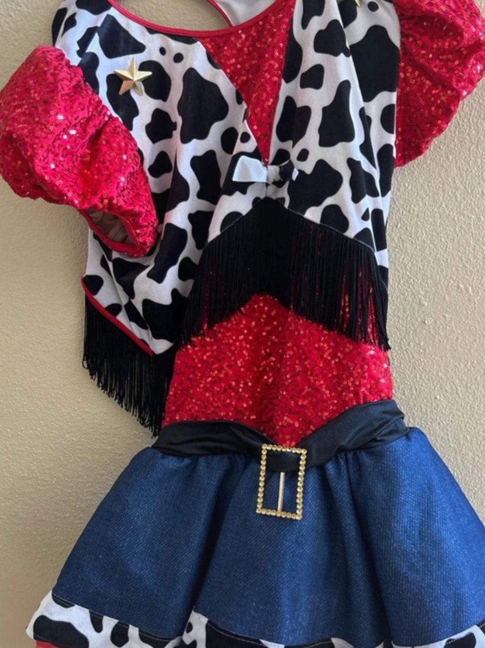 Girls' Red Sequin Cowprint Performance Top with Black Fringe